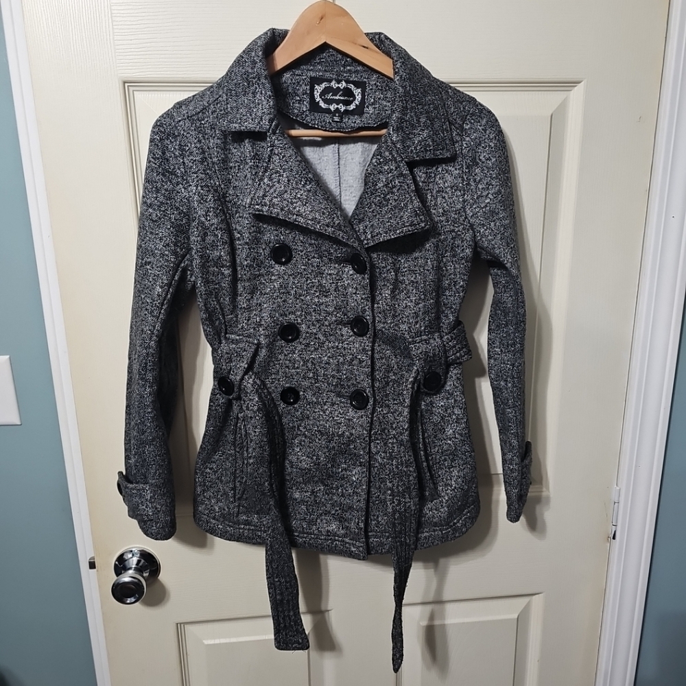 Ambiance Apparel Double Breasted Soft Shell Coat Belted‎ Gray Womens Size Small